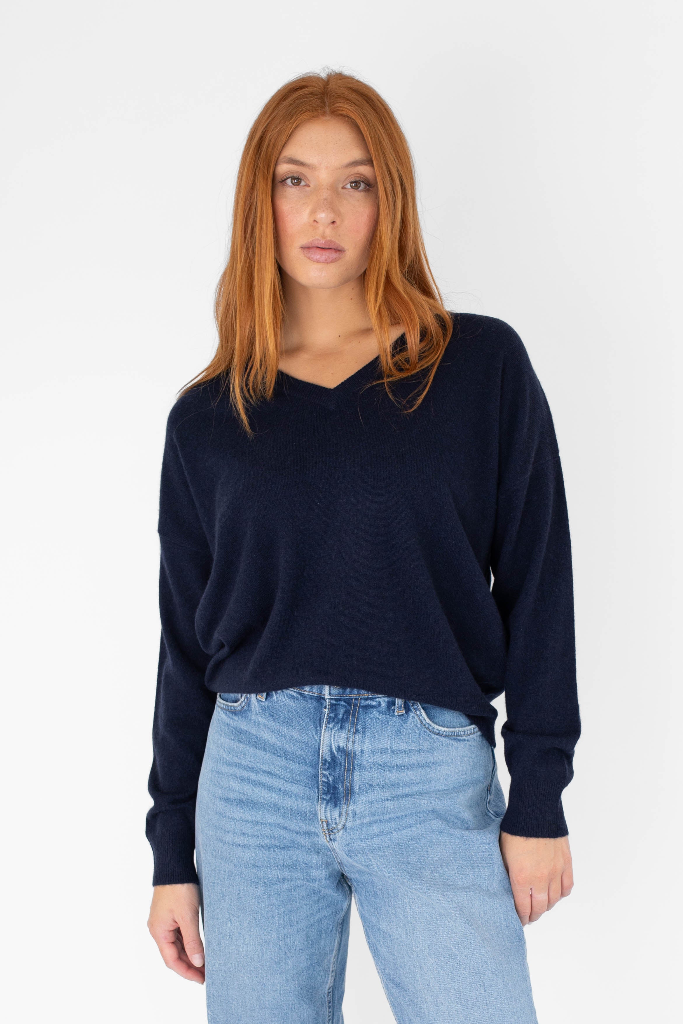 Cashmere V neck Crew - Navy