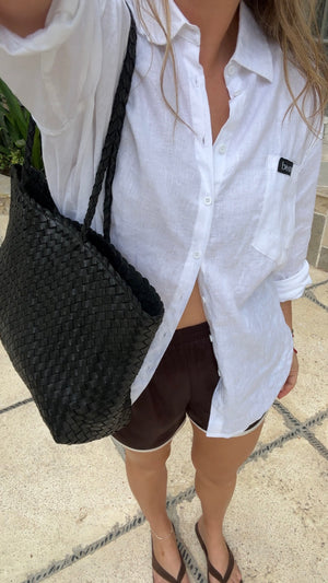 Black woven leather tote